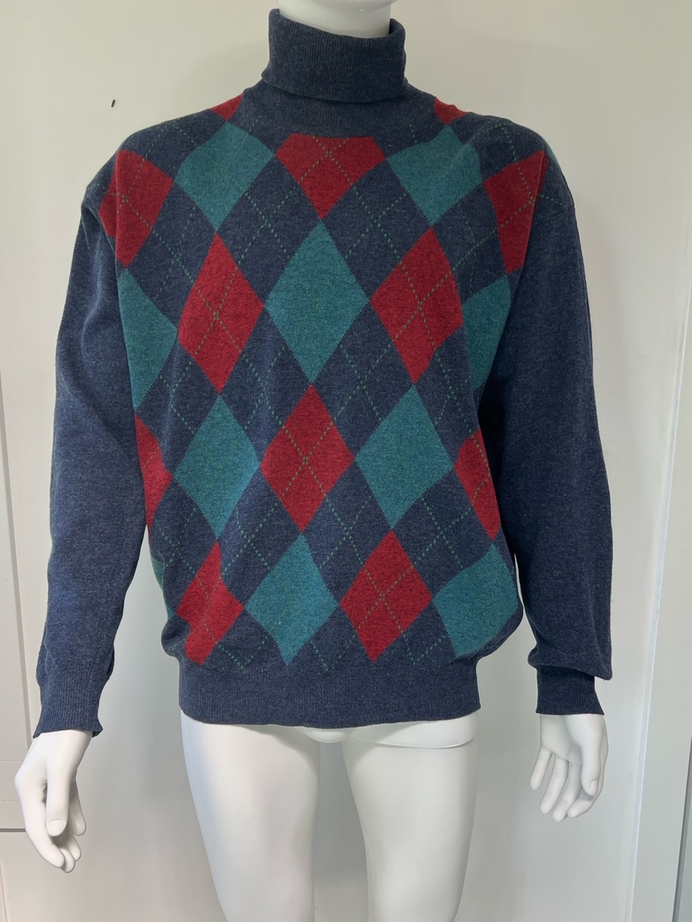 United Colors Of Benetton Made in Italy Men's Navy Argyle  Turtleneck Sweater